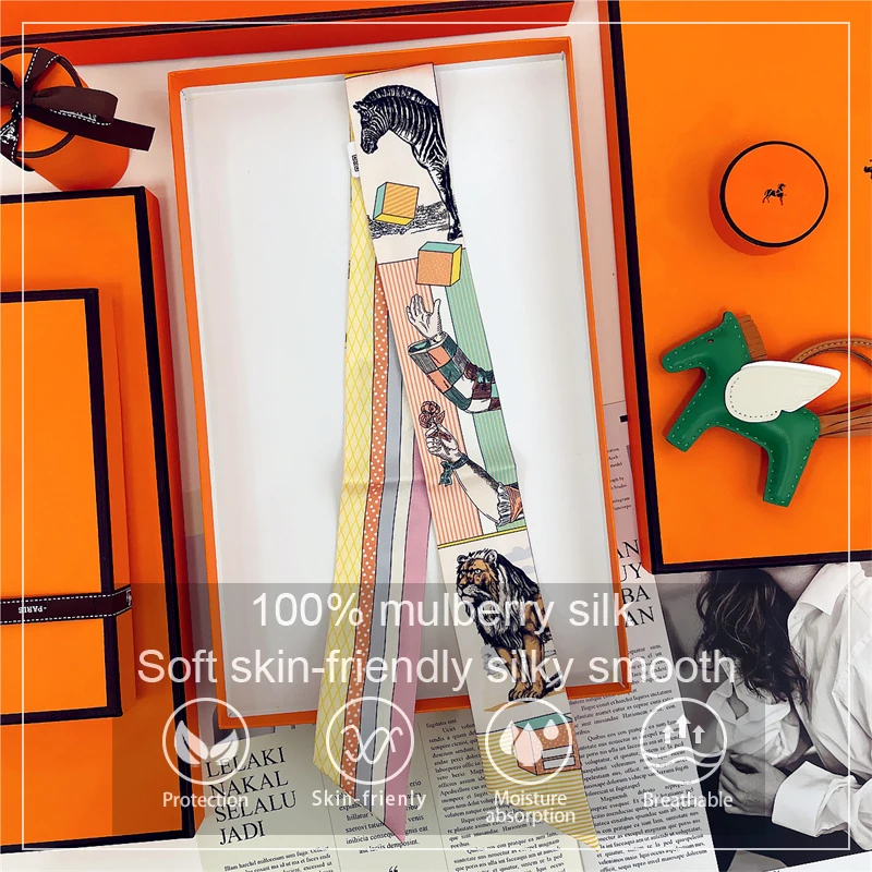 

Summer New Animal Design Lion Female Decoration Twill Silk Long Ribbon Binding Bag Mulberry Silk Ribbon Hair Belt Small Scarf