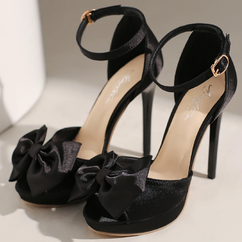 Fashion Summer Shoes For Women Sandals High Heels Platform Ankle Straps Silk Bow Red Party Wedding Shoes Female Sweet Bow-tied