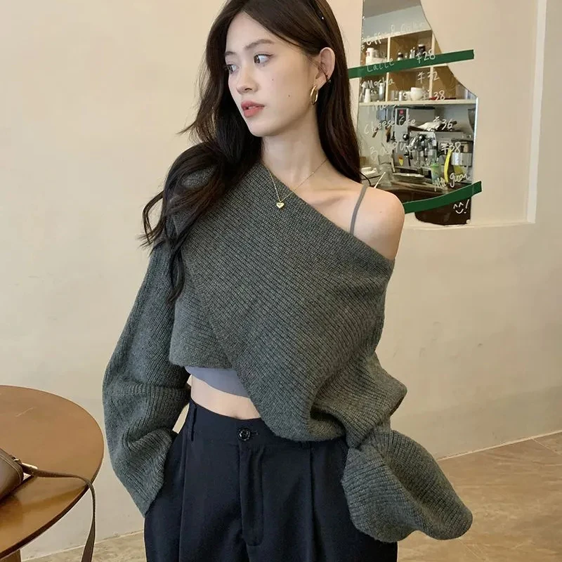 Sexy Criss-Cross Pullover Sweaters Women 2023 Autumn Hot Girl Short Off Shoulder Jumpers Female Korean Raglan Sleeve Knitted Top