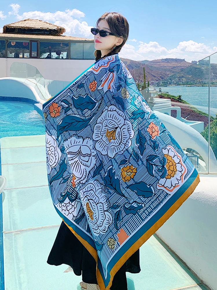 Summer Elegant Women Silk Scarf Beach Wrap Shawls Vintage Floral Print Lady Sunscreen Bandana Hijab Mujer Bohemian Scarve Pareo