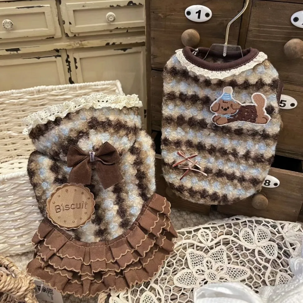 New Winter Warm Dog Skirt Pet Matching Outfit Striped Cotton Coat for Small Dogs Dachshund Print Teddy Short Skirt Dog Stuff