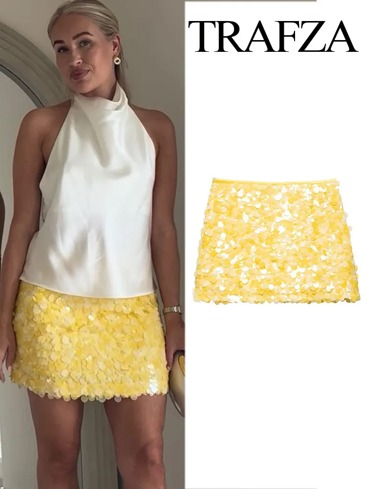 

TRAFZA Women's Summer Fashion High Waist Sequin Decoration Mini Skirt Sexy Side Zipper Slim Party Skirt Women's Streetwear Y2k