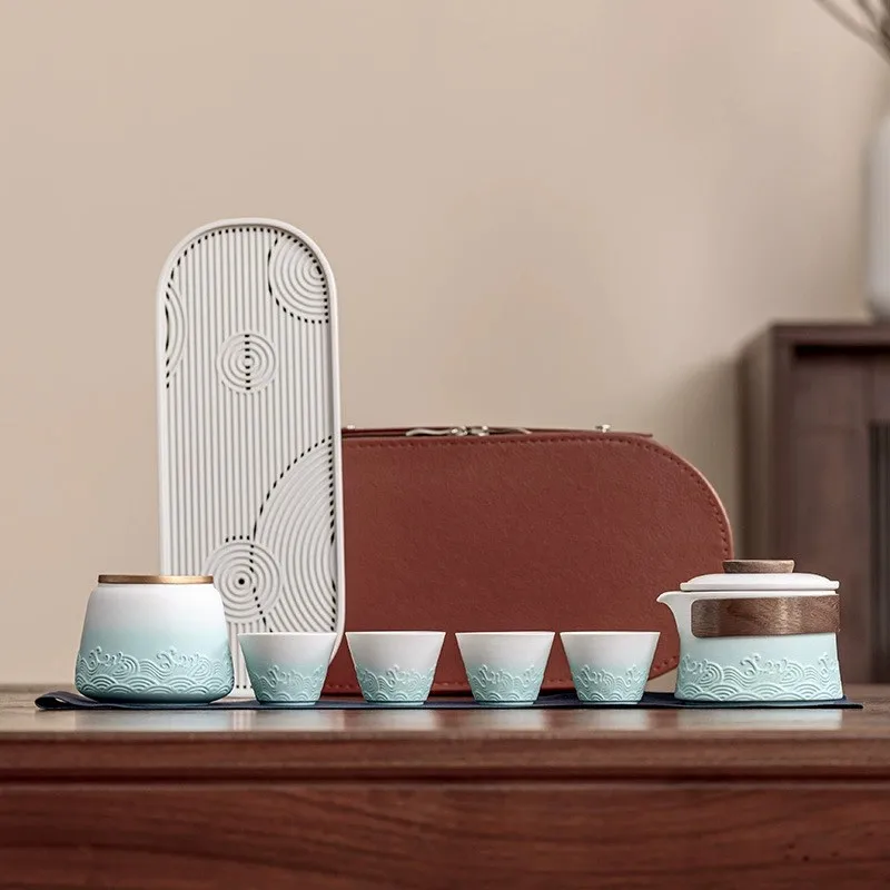 Travel tea set portable bring travel bag chinese tea set ceramic with tray tea ceremony white black gradient blue