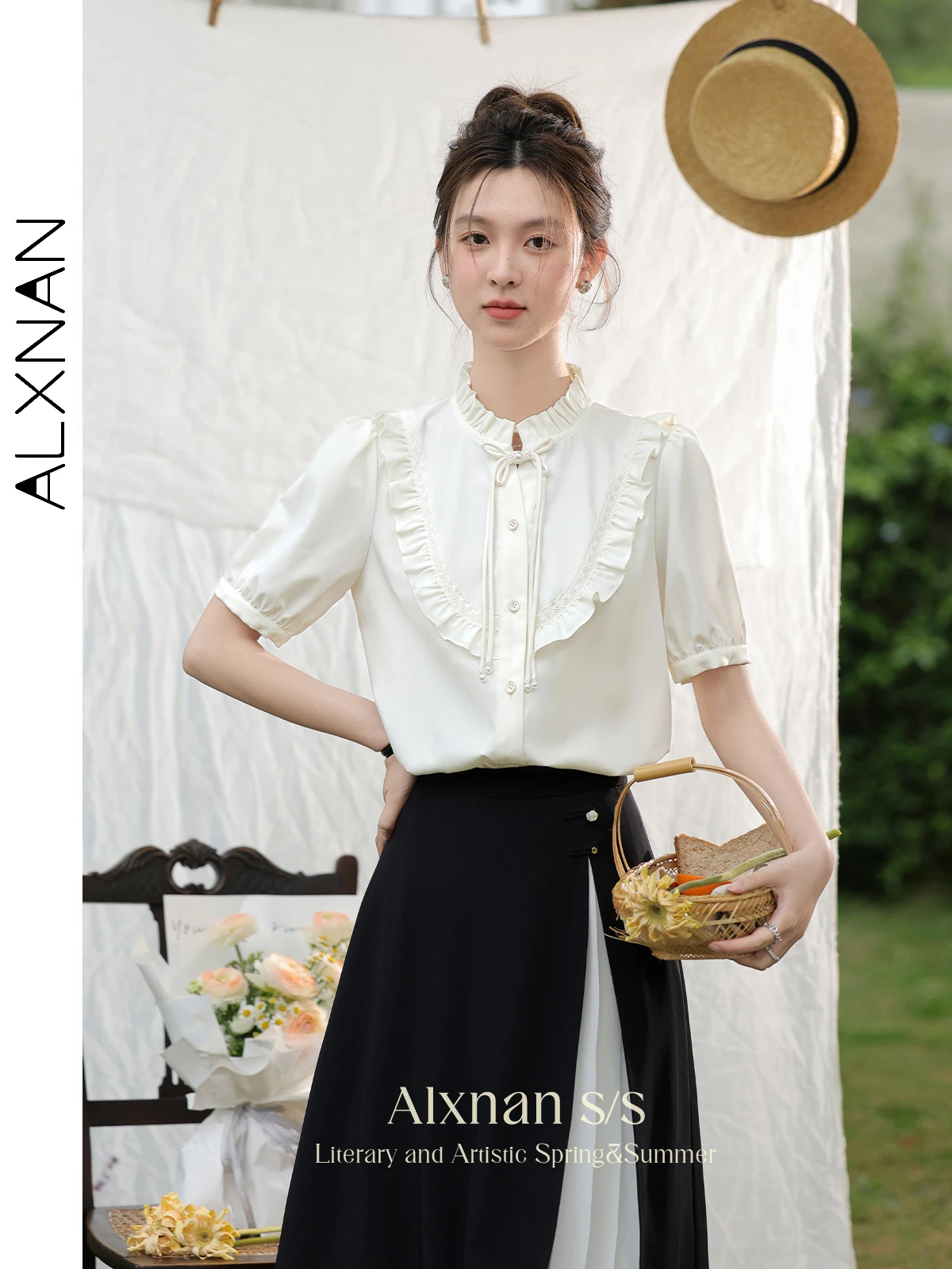 

ALXNAN Women's Lantern Short Sleeve Blouse 2024 Summer New Ruffle Neck Casual Loose Shirts Office Lady New Chinese Tops L33909