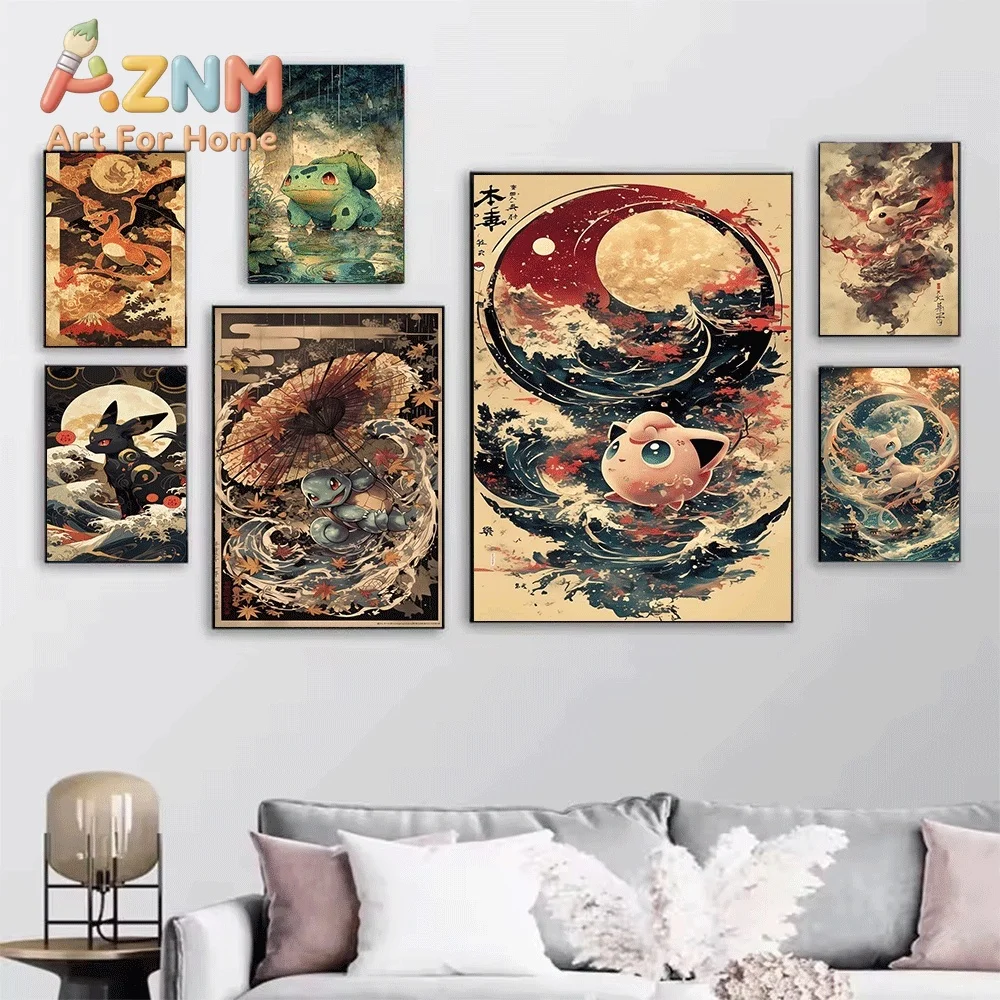 Pokemon Traditional Japanese Ukiyo-e Style Canvas Painting Frameless Wall Art Print Poster Home Bedroom Living Room Decor Anim