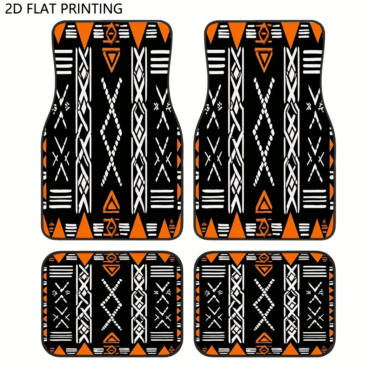 2D Flat, 2pcs/4pcs Tribal Geometric Car Floor Mats - Vibrant Orange & Black Geometric Pattern, Durable Polyester, Fit For All Ve