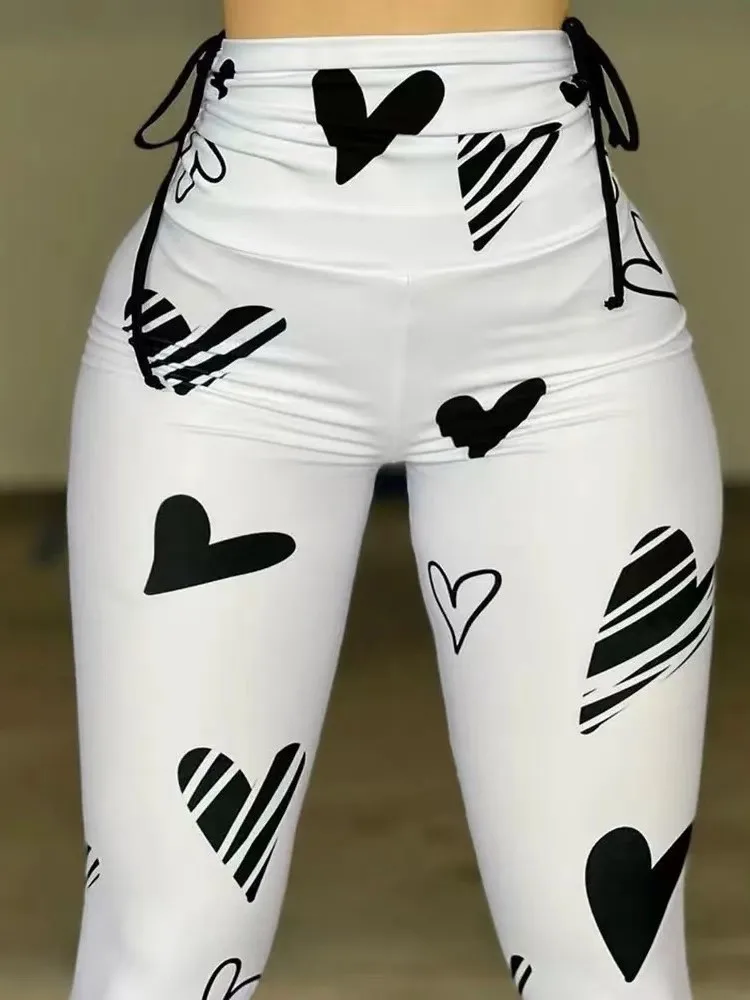 Daily Women Fashion Tights Pants Summer New Casual Heart Drawstring Printed Yoga Exercise Hip Lifting Leggings Women's Versatile