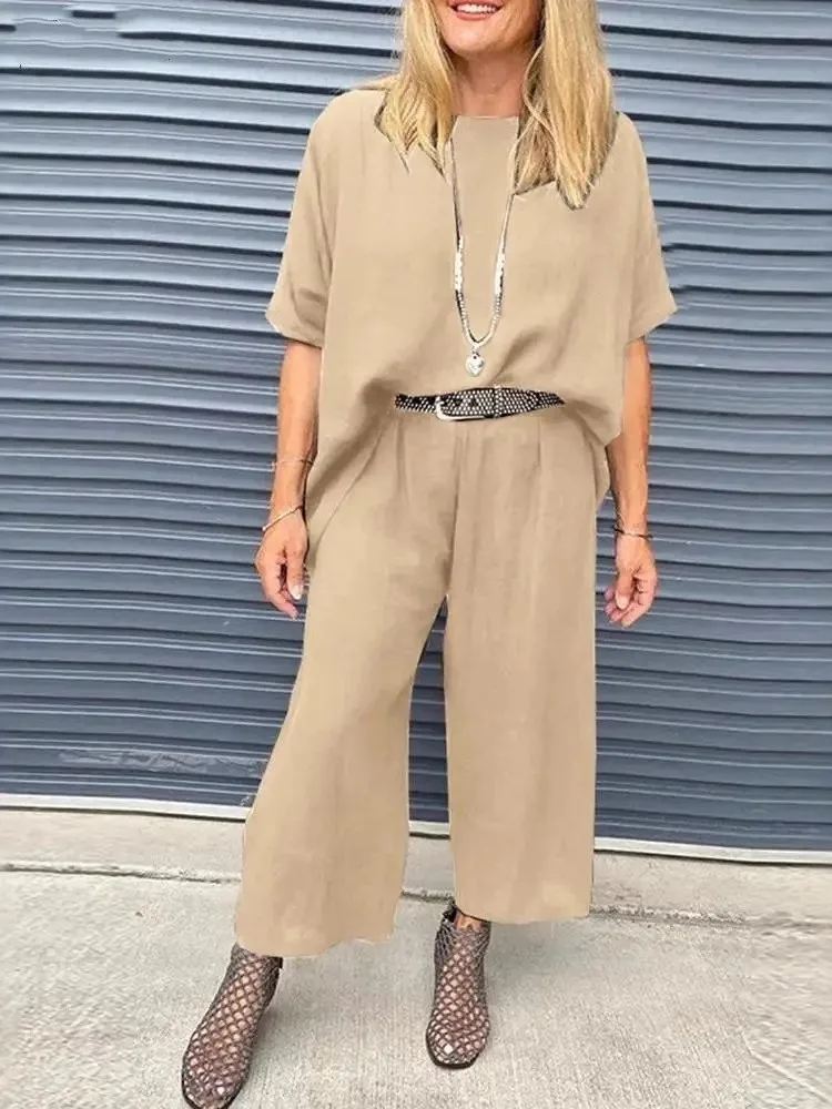 

Модный комплект из двух предметов, женский летний новый повседневный топ с круглым вырезом и пятью точками рукава, широкий брючный костюм для женщин