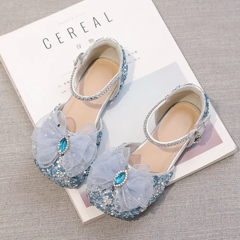 New Baby Princess Sandals Bow Rhinestone Children Open Toe Soft Bottom Anti-skid Crystal Dancing Shoes Leather Shoes Size 24-35