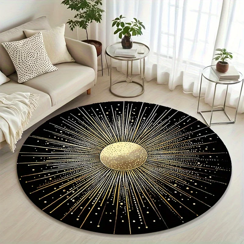 Black Gold Sunburst Disco Mat Round Polyester Area Rug Bohemian Modern Luxury Home Floor Decoration Soft Cushion Carpet Gift for