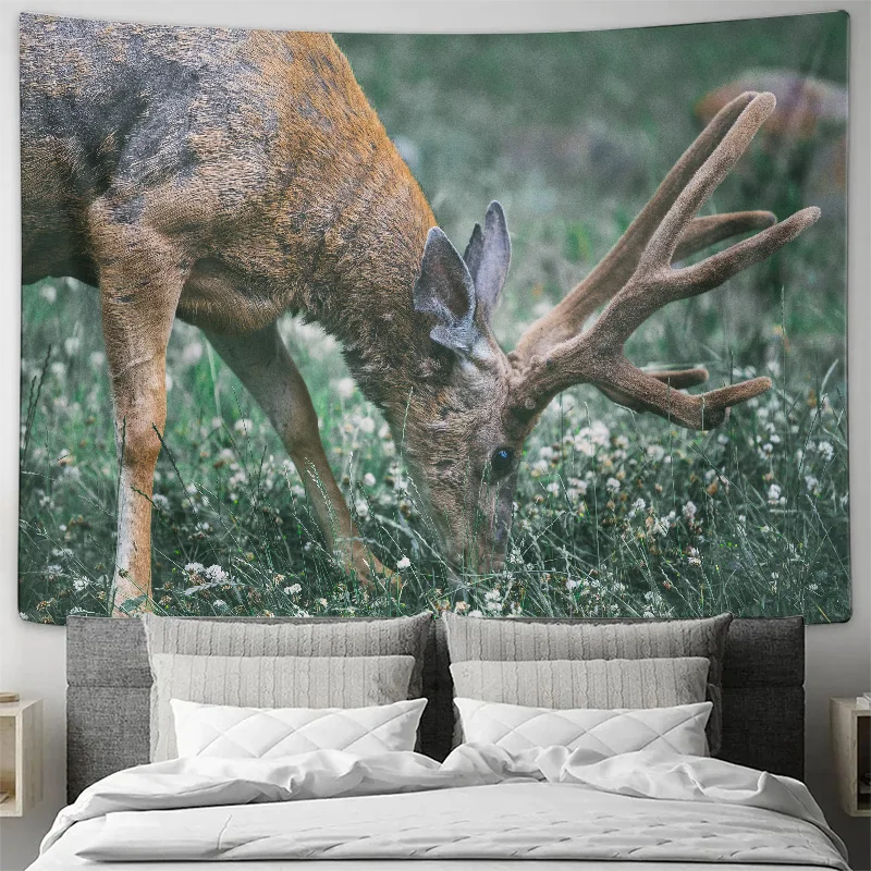 Deer Grazing in Wildflower Meadow Wall Tapestry Machine Washable All Season Decor Print Home Enhance spatial aesthetics