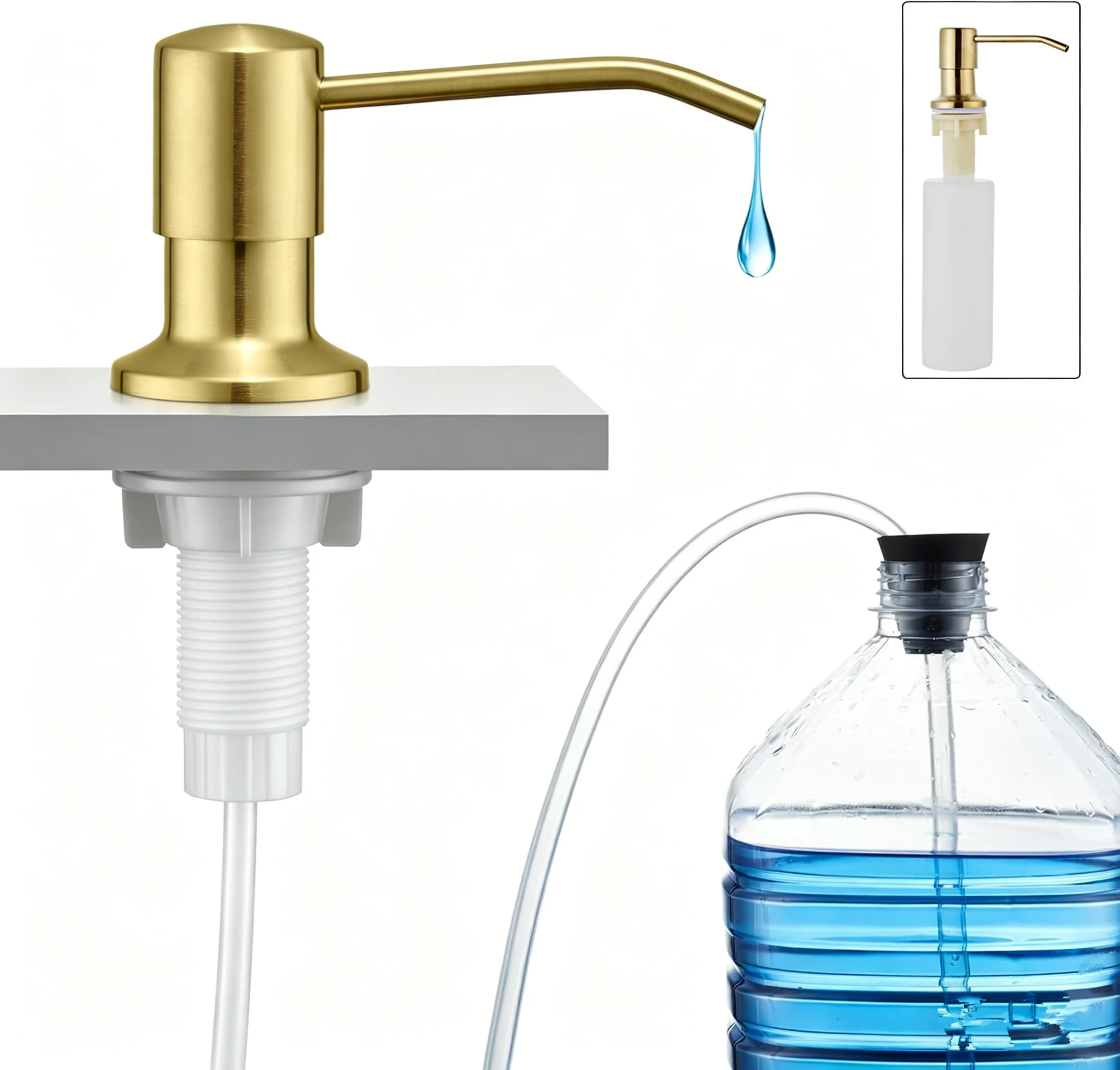 Golden Kitchen Sink Soap Dispenser Pump with 100cm Tub /350ml Bottle Stainless Steel Black Brushed Chrome Hand Press Dispenser