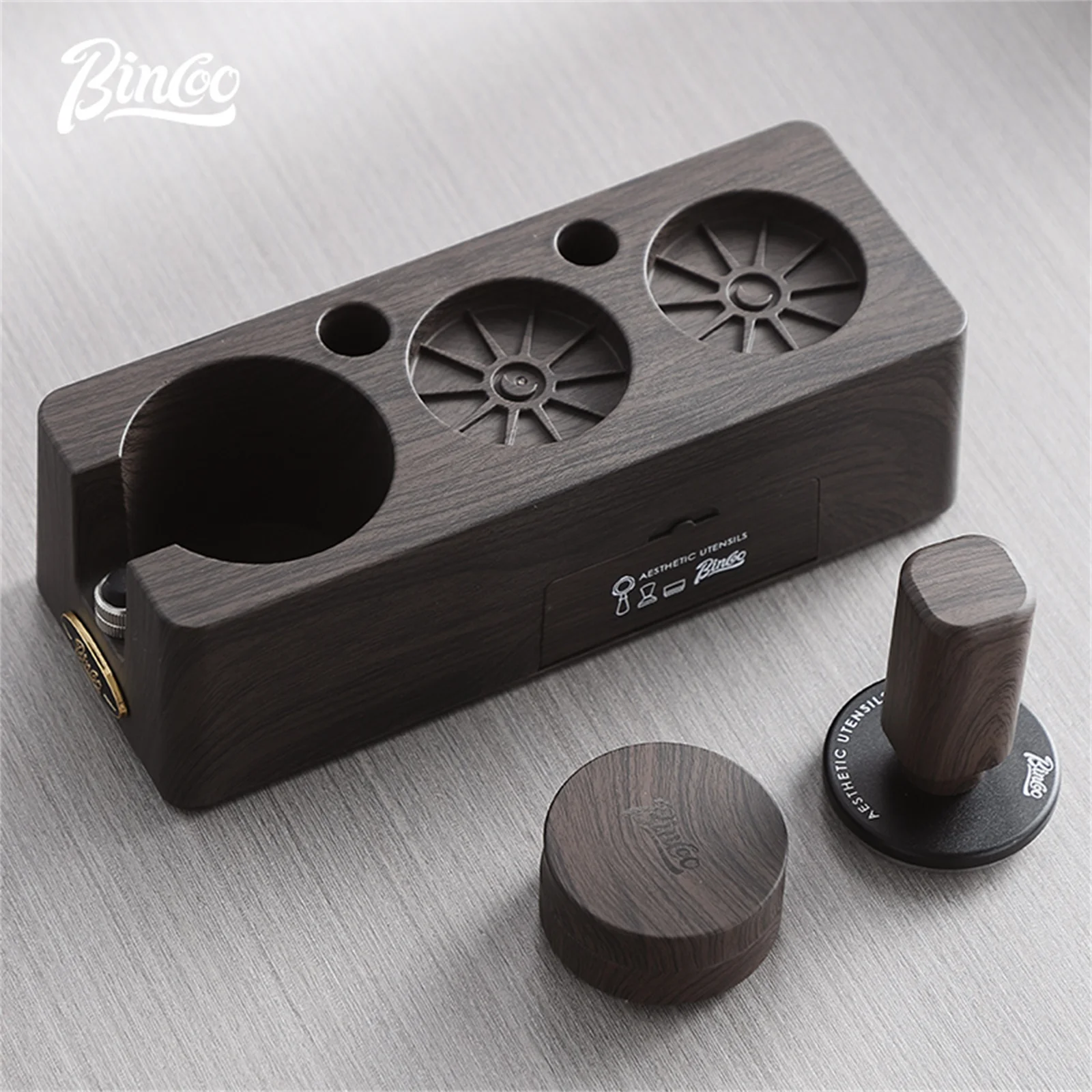 Bincoo Coffee Tamping Kit, Woodgrain 3-Piece Set with Distributor, Fits 51-58mm Portafilters