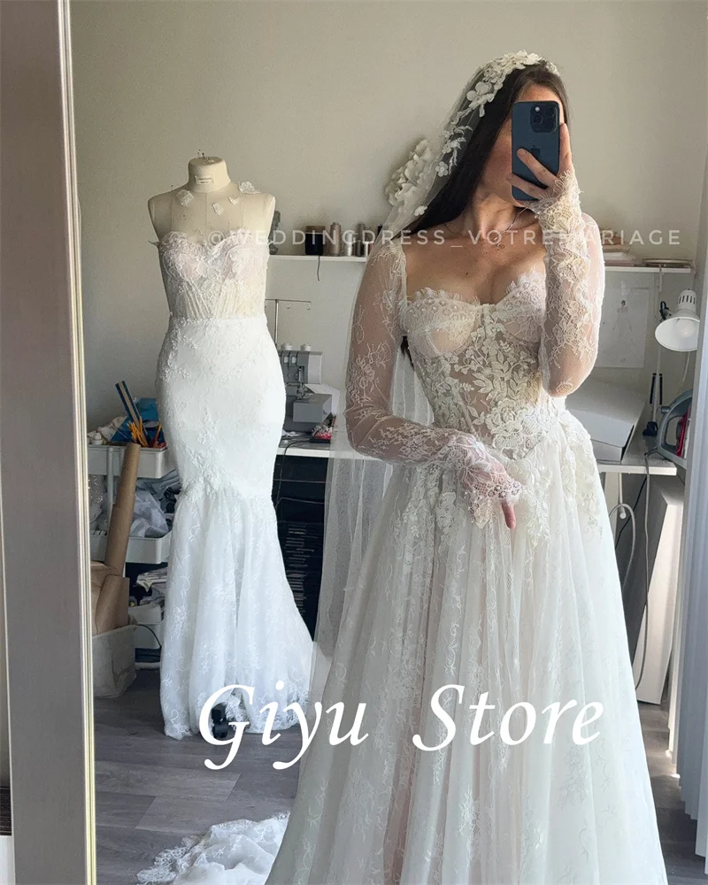 Giyu elegante una línea de Vestidos de novia de encaje de manga larga Sweetheart corte tren Vestidos de novia de talla grande Vestidos de noiva personalizados