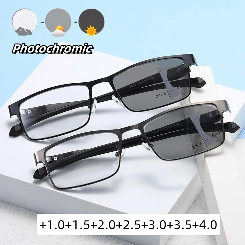 

New Square Half Frame Intelligent Photochromic Anti Blue Light Reading Glasses Business Dual-purpose Presbyopia Eyewear To +4.0