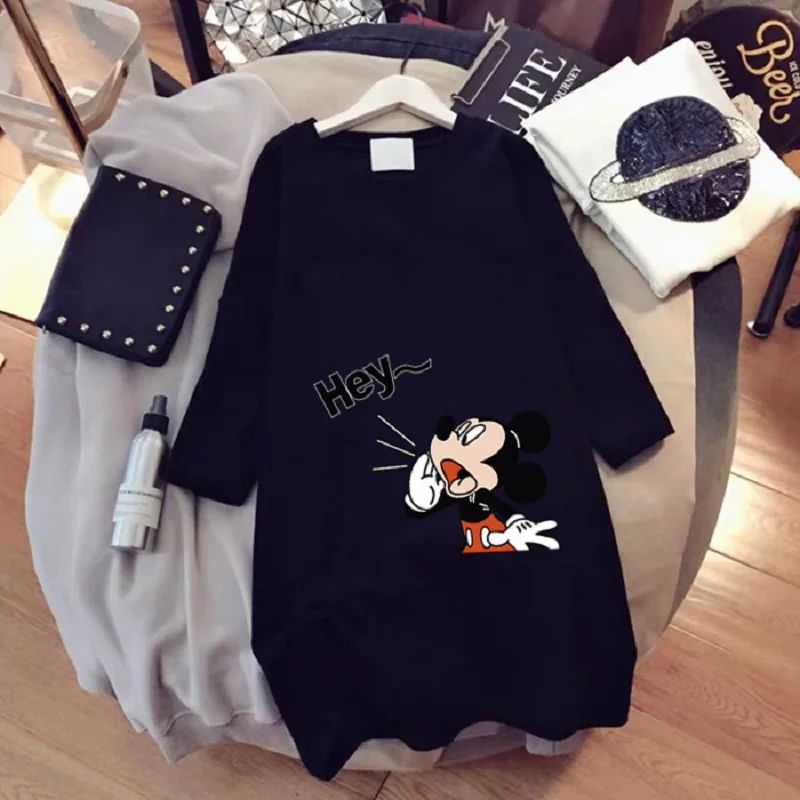 Large Size Mickey Mouse T-shirt Girl Trend Mid-Length Loose Casual Short-Sleeved Cartoon Mickey Print T-shirt Round Neck Top