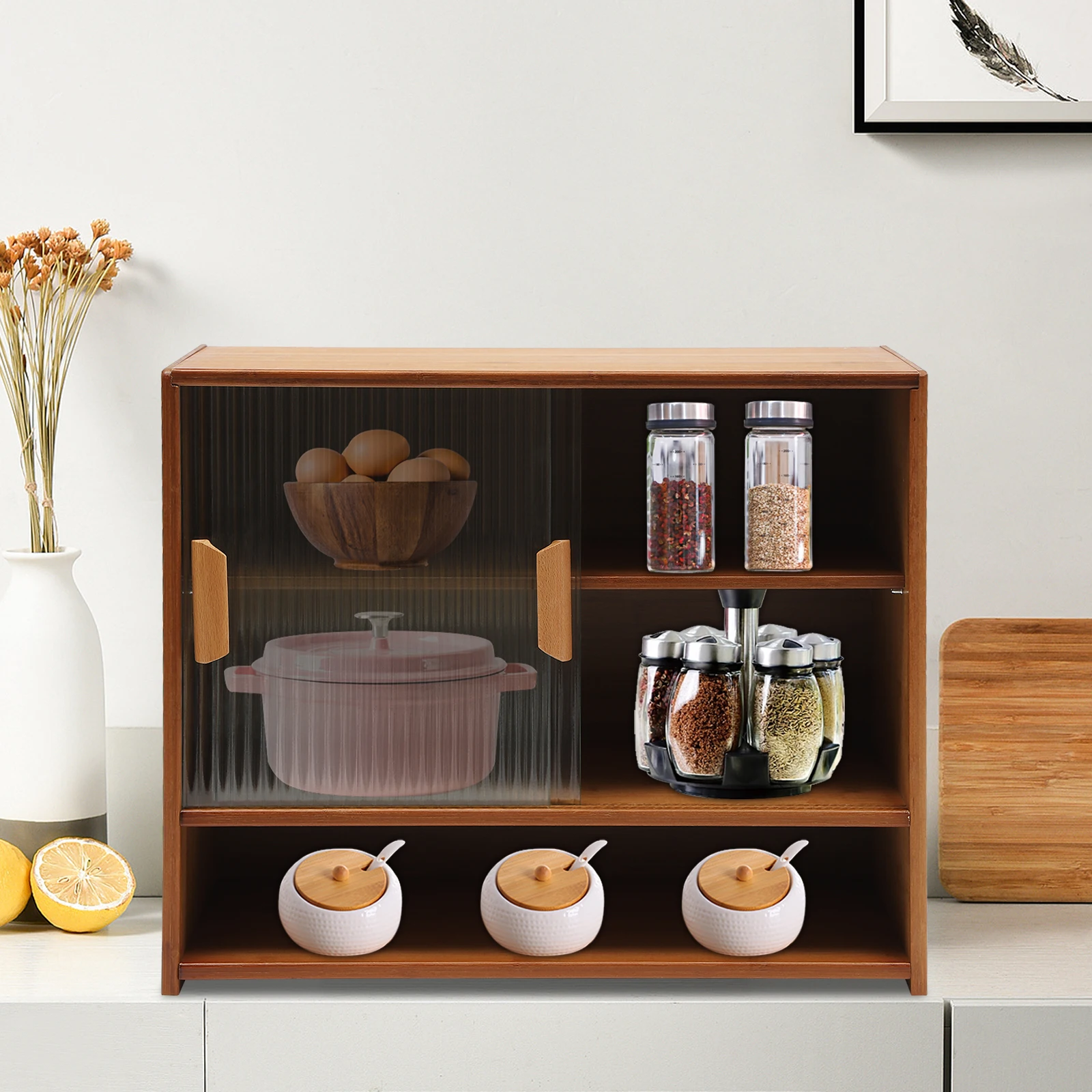 

Kitchen Storage Cabinet Sideboard Buffet Cupboard Wood Pantry Bamboo Kitchen Pantry Sideboard with 2 Sliding Striped Glass Doors