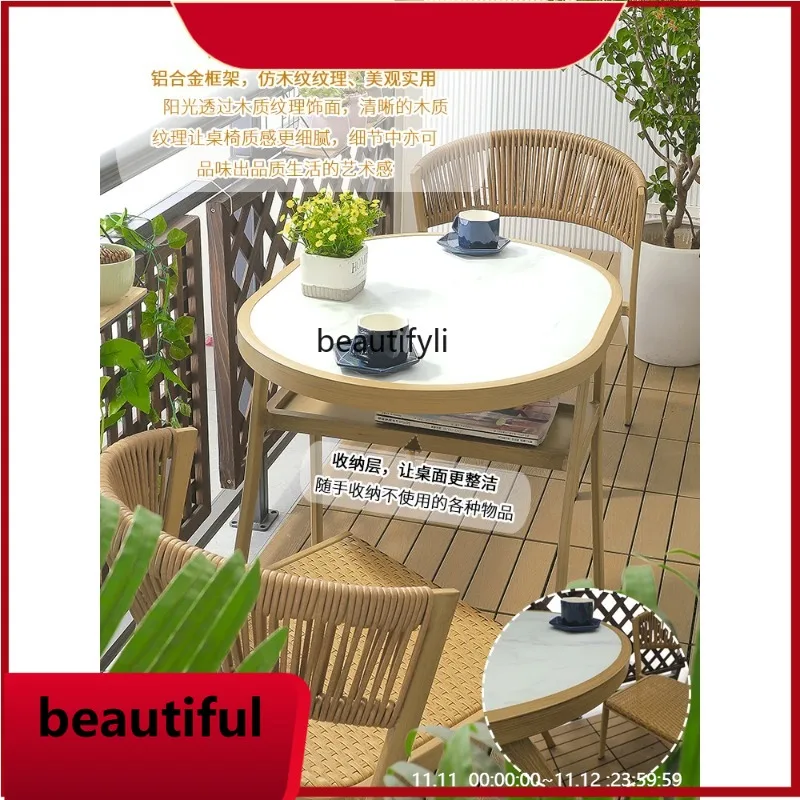 

Desk-Chair Courtyard Waterproof and Sun Protection Milk Tea Shop Balcony Rattan Chair Three-Piece Set Tea Table Chair H