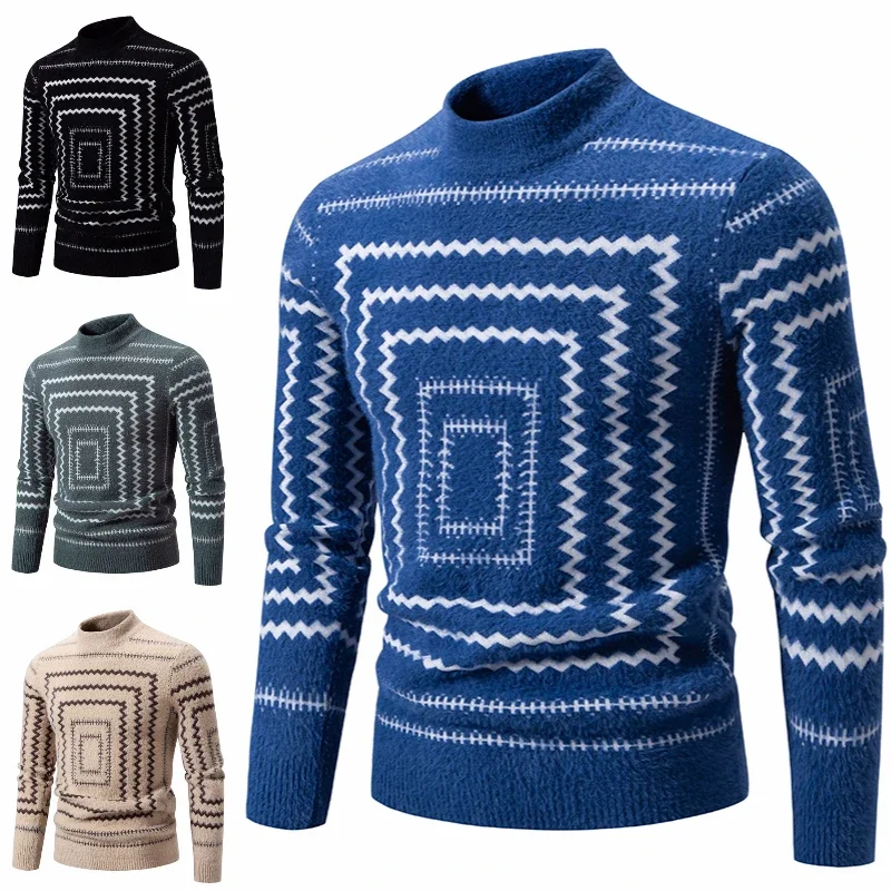 Autumn and Winter New Men's Warm Knitted Sweater Fashion Trend Slimming Vintage Sweater Mock Neck Pullovers