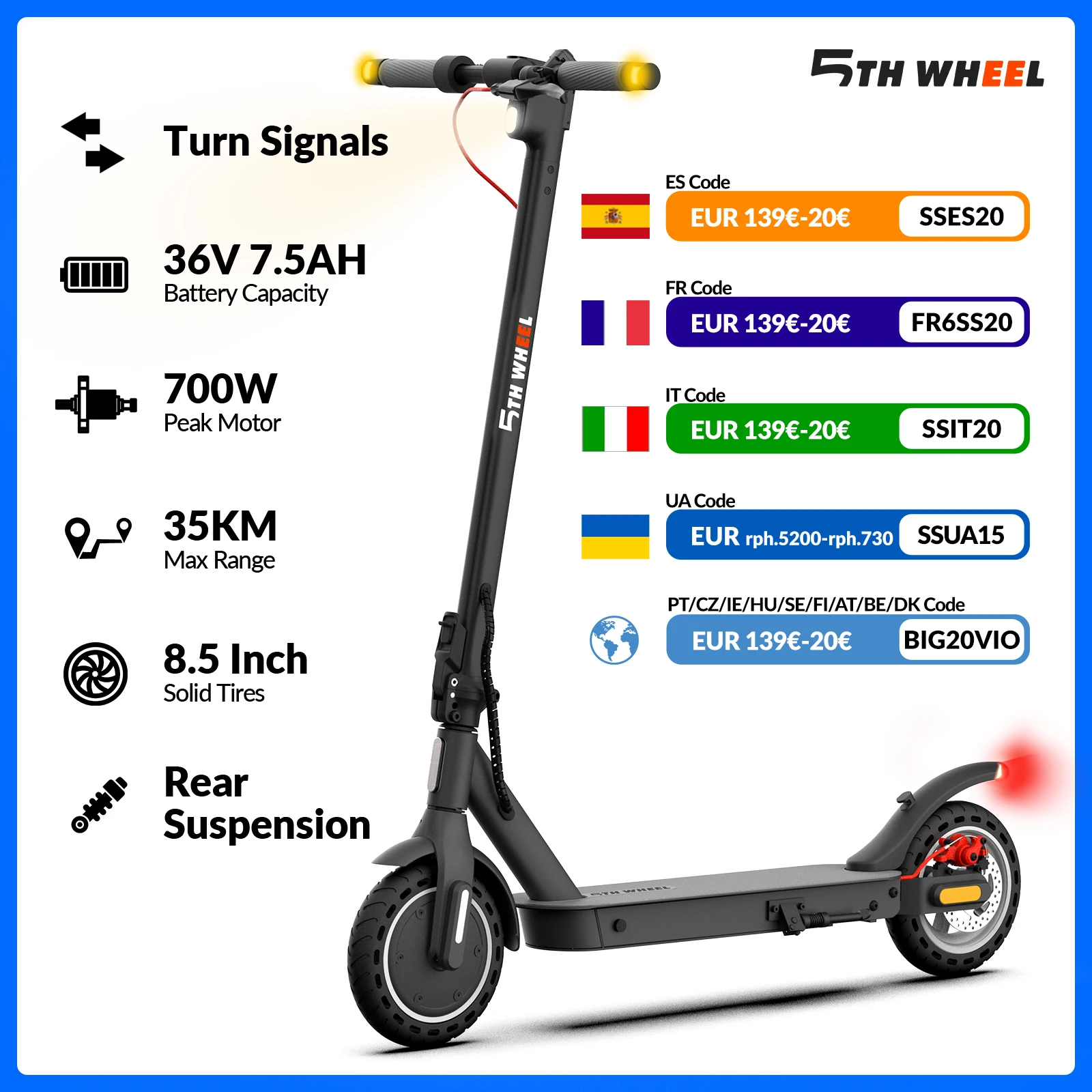 Trottinette électrique 5TH WHEEL, pneus pleins de 8,5 pouces, puissance de pointe de 500 W, 25 km/h, autonomie de 32-35 km, clignotants, 36 V 7,5 Ah