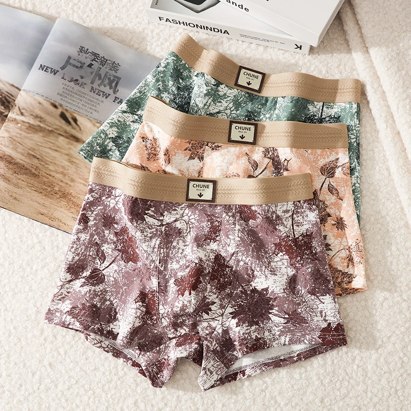 

3-Pack Men's Boxer Briefs Autumn Leaf Print Soft Breathable Comfortable Stretch Trunks for Young Men Sports Underwear