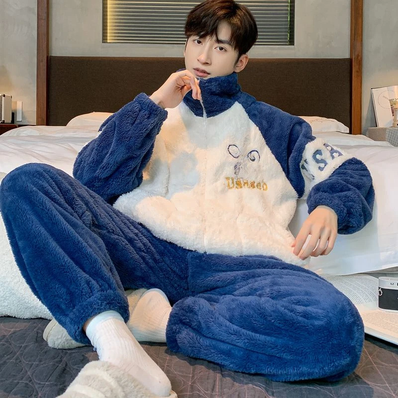 Pyjamas Wintertime Intensification Brushed Coral Plush Male Adolescent Zipper Loungewear Round Neck Set Pijamas for Men