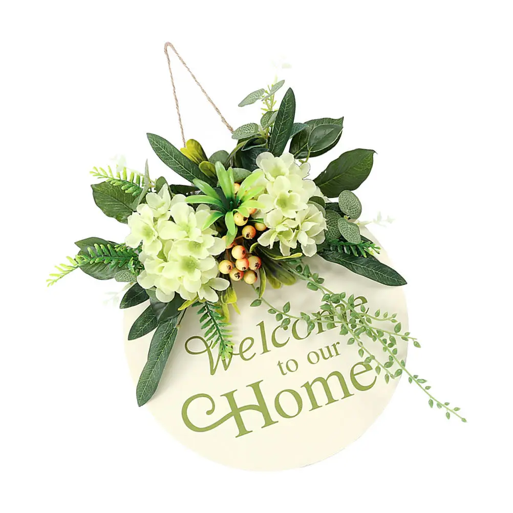 1Pcs Simulated Flower Door Pendant Rustic Wooden Welcome Sign Hanging Adornment Decorative Wreath Wall Hanging Decor Household