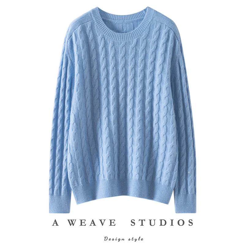 Autumn Winter Daily Womens Sweater 100% Cashmere Pullover Warm Clothes Thicked O-Neck Sequin Twisted Flower Saddle Shoulder Knit