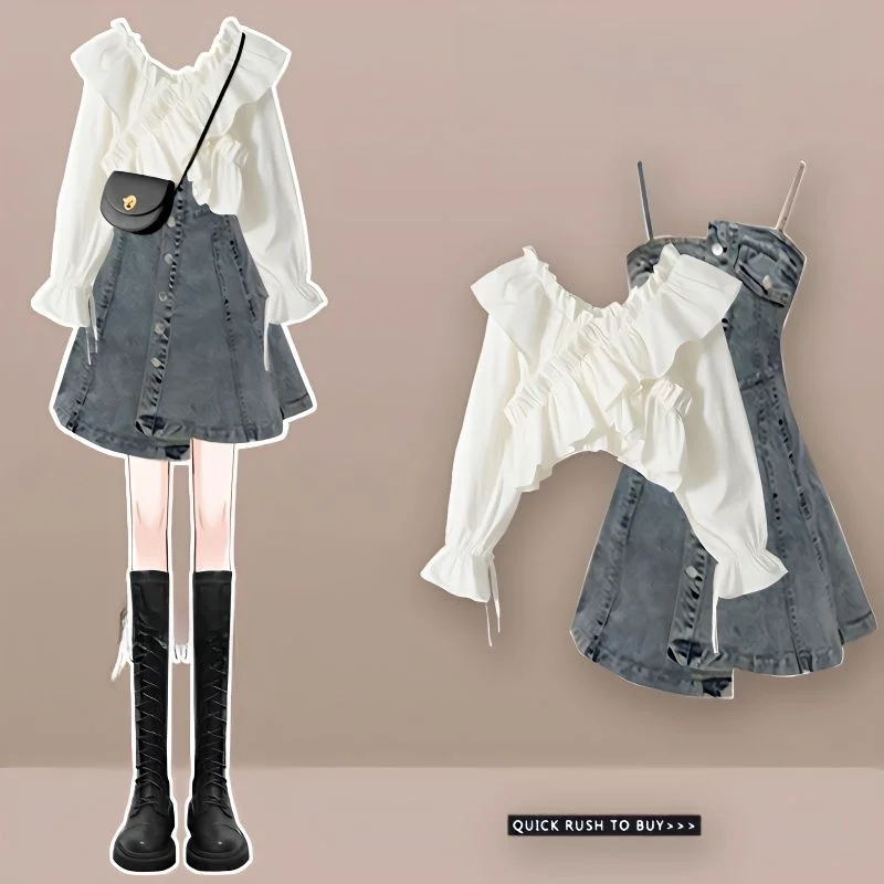 Conjunto Jeans F "Spicy Girl" com Top e Saia, Modelagem Ajustada, Anti-Idade, Plus Size, Estilo Streetwear, Conjunto d...