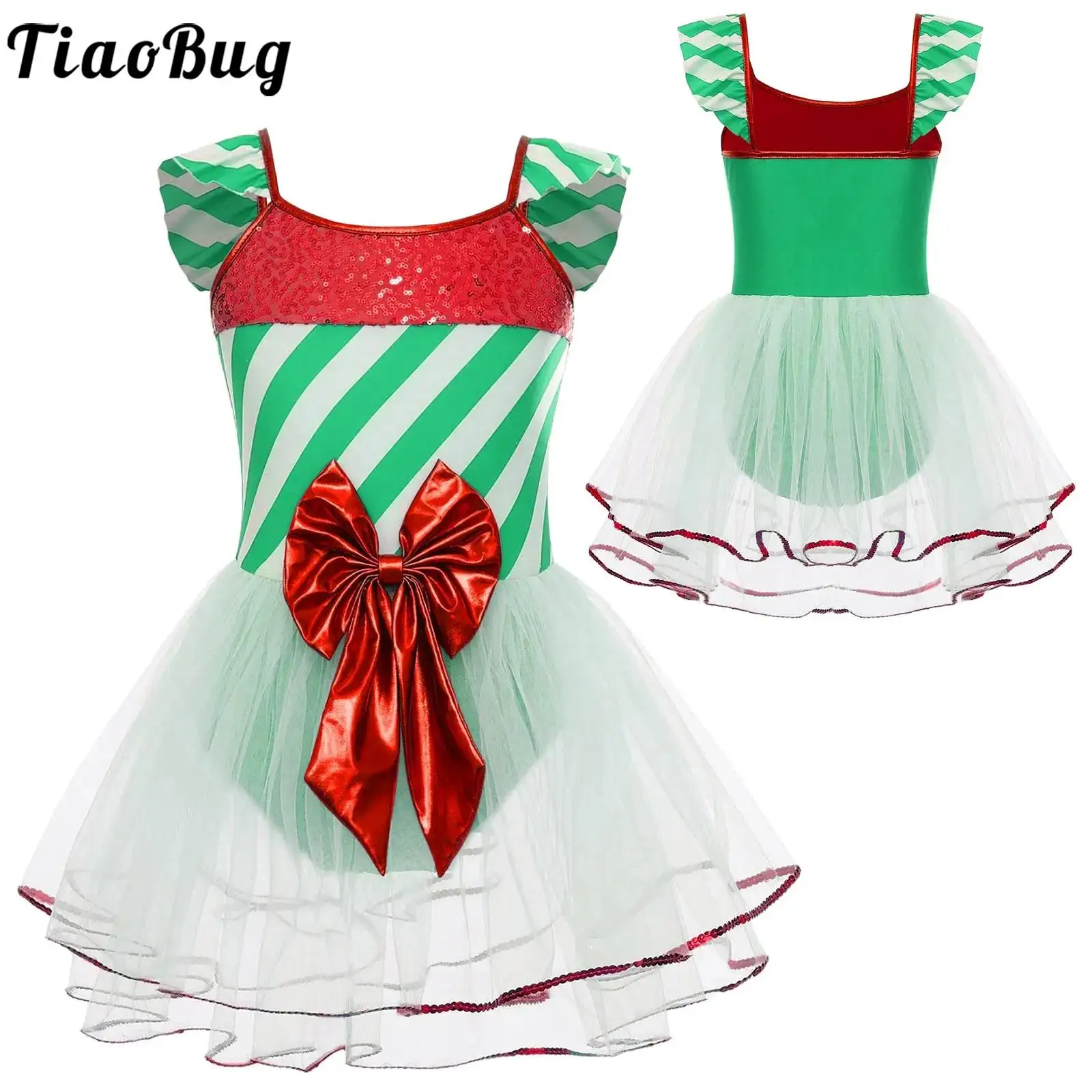 

Girls Elf Christmas Dress Dance Candy Cane Stripes Bow Knot Santa Claus Cosplay Costume Tulle Mesh Tutu Ballet Leotard Dancewear
