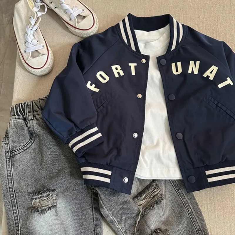 

2025 Spring Autumn Kids Baseball Jacket Letter Print Korean Style Solid Color Coat for Toddler Boys Unisex Baby Sporty Jacket