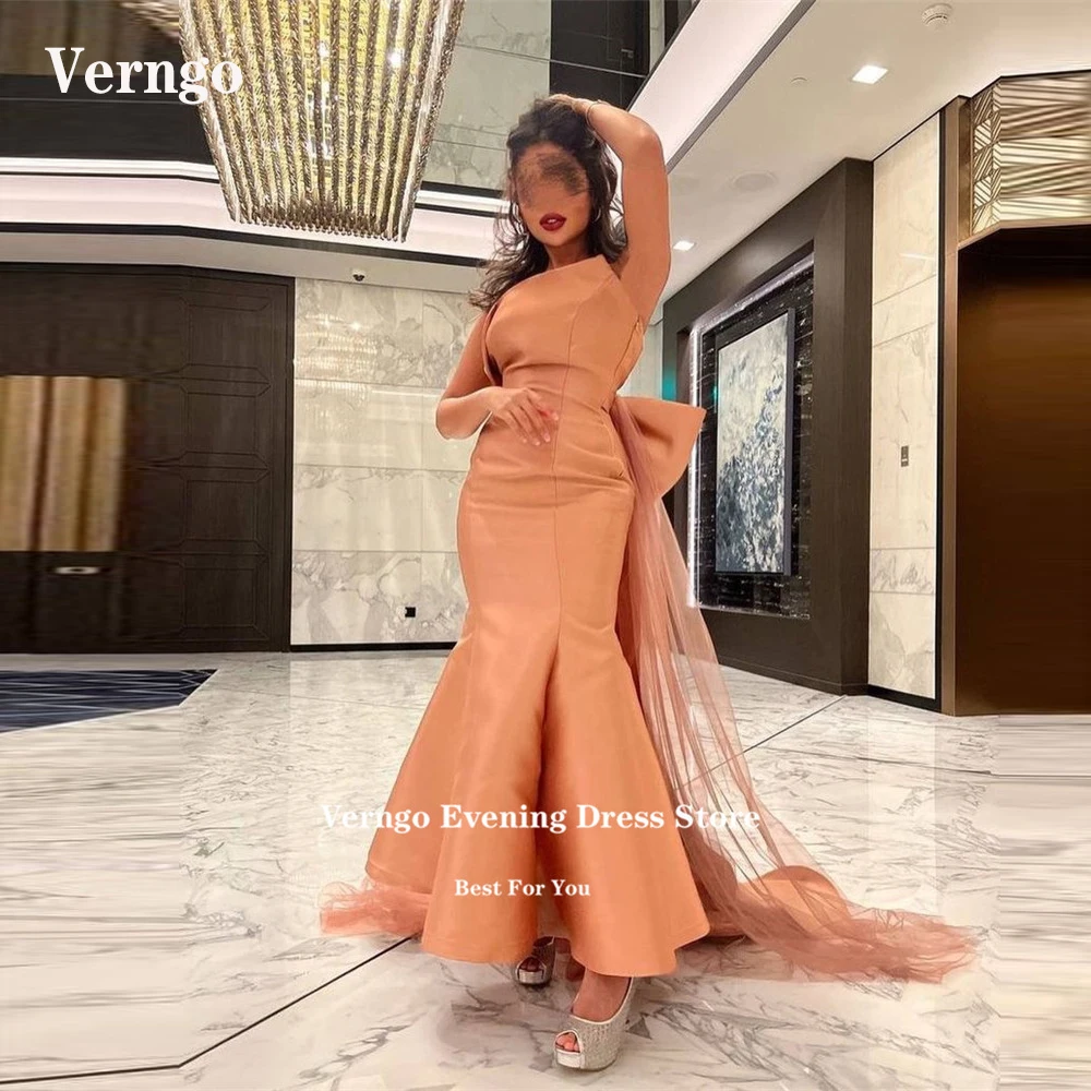 

Verngo Orange Satin Mermaid Evening Dresses Special Neck Ankle Length Bow Back Tulle Saudi Arabic Women Prom Formal Party Gown