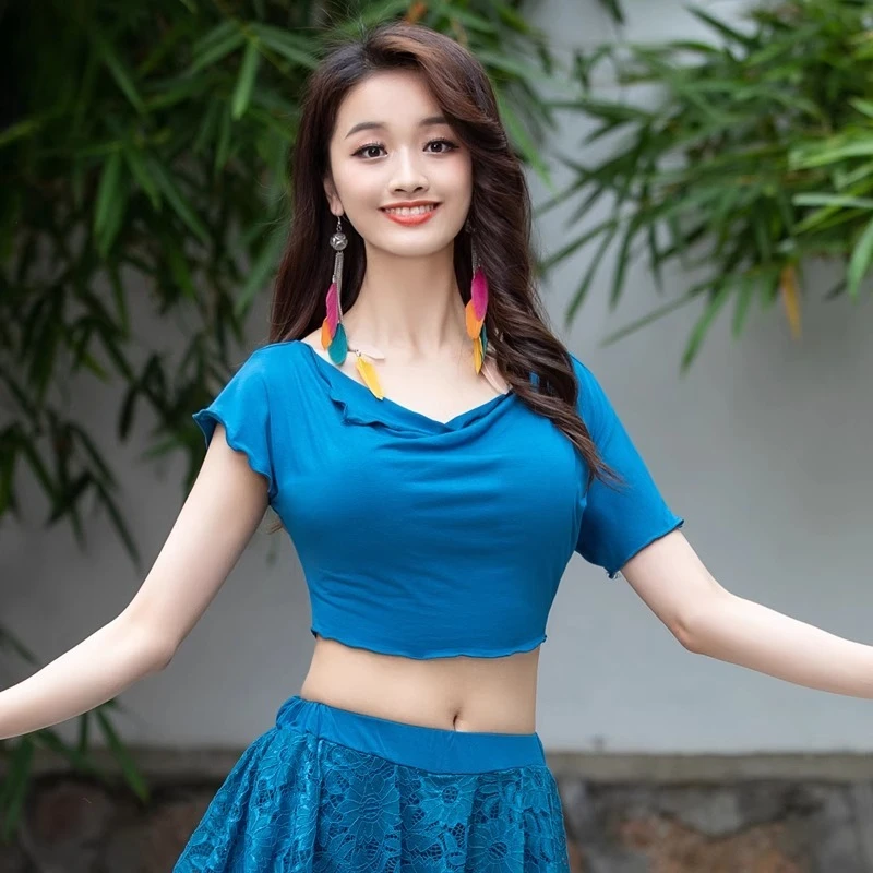 

Костюмы для танца живота по индивидуальному заказу, сексуальный свободный модальный хлопковый топ, тренировочный костюм для восточных танцев, топы с короткими рукавами, женские большие размеры