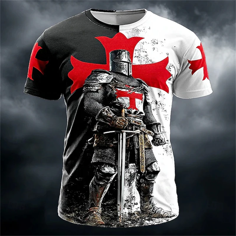 Men's Knights Templar Warrior Print Round-Neck Short-Sleeve T-Shirt Summer Casual Trendy Streetwear-Style Short-Sleeve Top