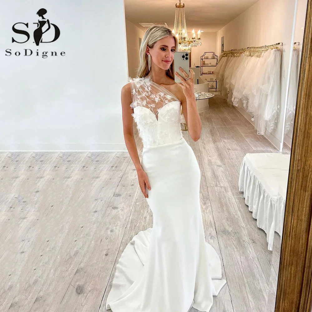 

SoDigne Mermaid Women Long Wedding Dresses Elegant Soft Satin V Neck Bride Dresses One Shoulder Sweep Train Wedding Gown