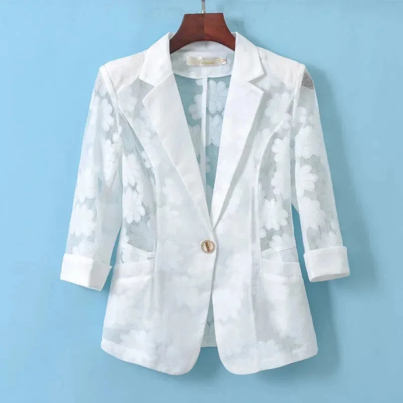 Blazer de renda de manga fina para mulher, jaqueta slim fit, terno pequeno, top selvagem, versão coreana, primavera e verão, 2023