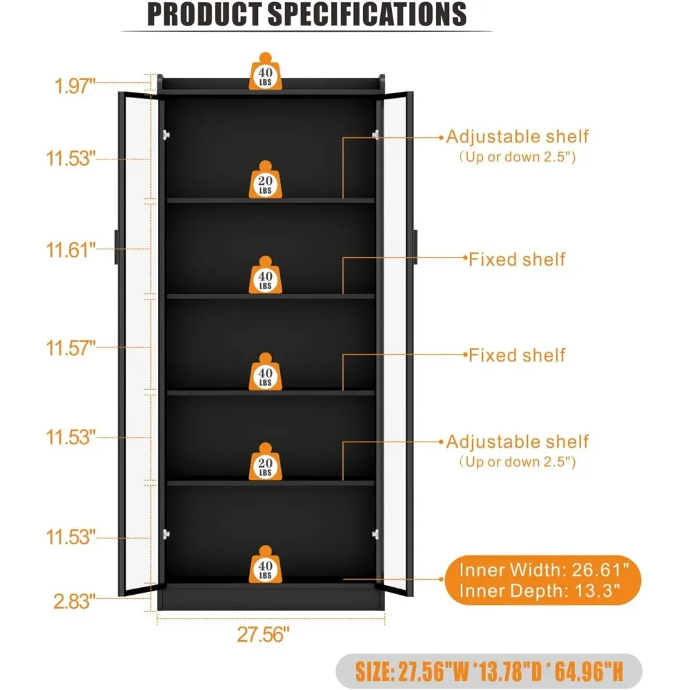 Display Cabinet with Doors and Adjustable Shelves, 65