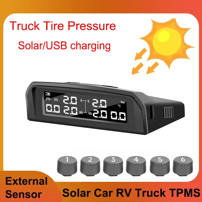 

Truck 6 Wheel Tire Pressure Solar TPMS Sensor Security Monitoring Temperature Alarm System USB Charing with Waterproof