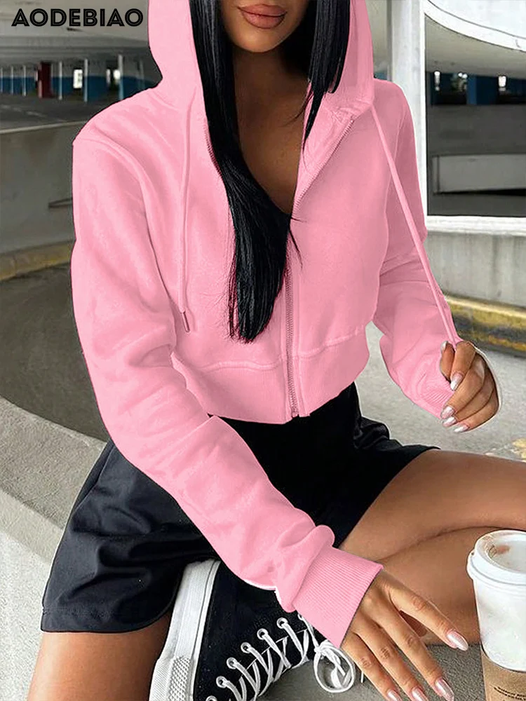 

AODEBIAO Women Hooded Coat Long Sleeves Autumn Winter Fashion Crop Top Coat Sweet Pink Casual Streetwear Cardigan Hoodie Women