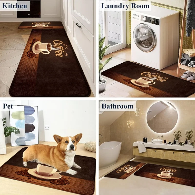 Newest Doormat Vintage Coffee Cup Coffee Bean Wood Grain Print Washable Non Slip Kitchen Rug Set Set for Living Room Bedroom