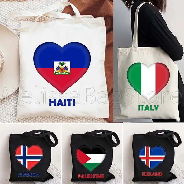 Canada Brazil Croatia Germany Haiti Iceland Uruguay Heart Flag Canvas Shoulder Tote Bag Harajuku Shopper Shopping Casual Handbag