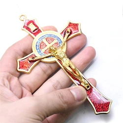 Saint Benedict Benedictine Red Enamel 4.7X2.7 Inch Protection Wall Crucifix Cross Catholic San Benito Medalla Prayer Decoration