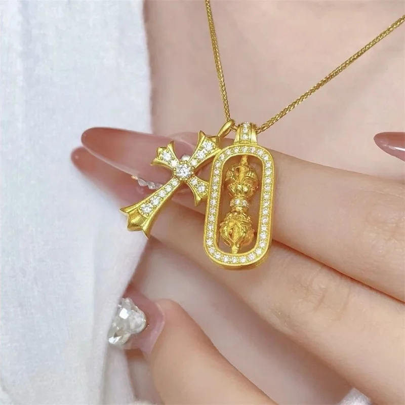 

Unisex Couple Jewelry AU750 18K Real Gold Rotating Cross and Vajra Paved Diamond Pendant Necklace
