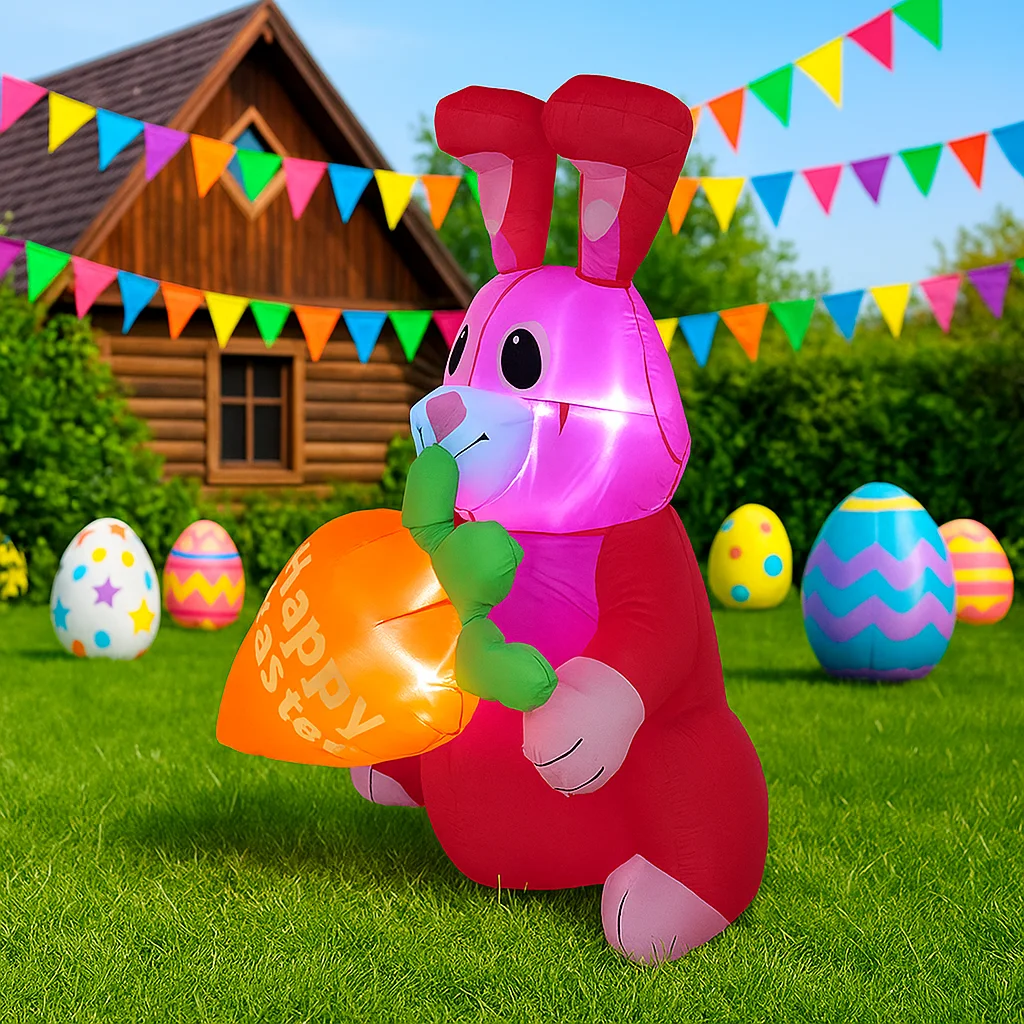 

1.2M/4FT Happy Easter Outdoor Holiday Decorations Pink Bunny Decor Built-in LED Lights Inflatable Model Yard Garden Party Props