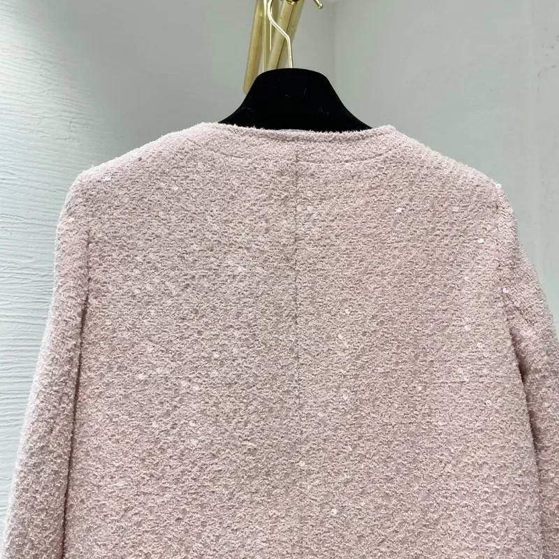 Giacca da donna in tweed con collo rotondo e bottoni in argento scintillante rosa da donna da ufficio nuovi arrivi 2024