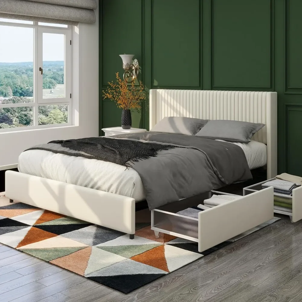 Queen Size Wingback Platform Bed Frame with 4 Drawers, Modern Design Headboard