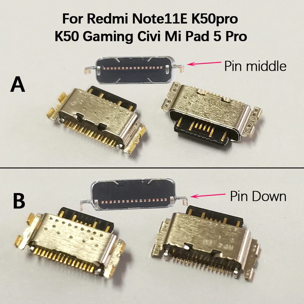 2pcs Type‑C Charging Port Tail Socket 16 Pin Middle Pin Down Repair USB Connector For Redmi Note11E K50 Gaming Civi Mi Pad 5 Pro
