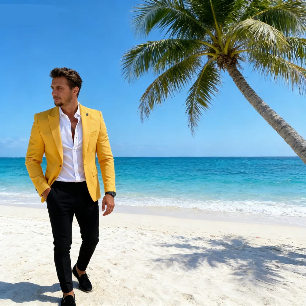 

Men's Yellow Casual Tailored Tuxedo with Peak Lapel Fitted Daily Personalized Solid Smoking Suit Ensemble