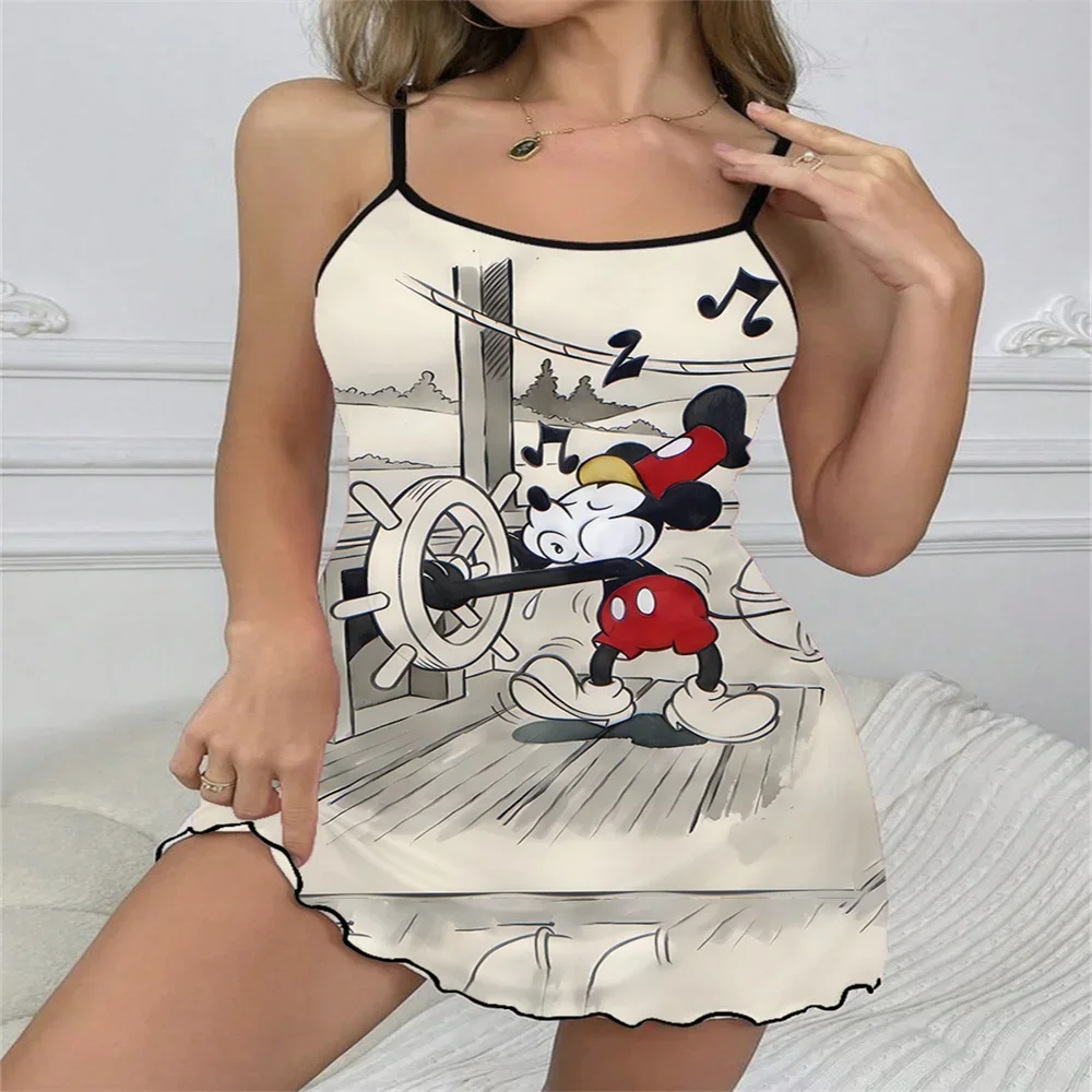 

Sexy Backless Suspender Sleepimg Dress for Women Ruffled Edge Design Satin Texture Female Nightwear Mickey Pattern Print Pajama