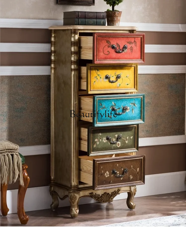 Painted American-Style Solid Wood 4-Bucket 5-Drawer Cabinet Living Room Retro Side Cabinet